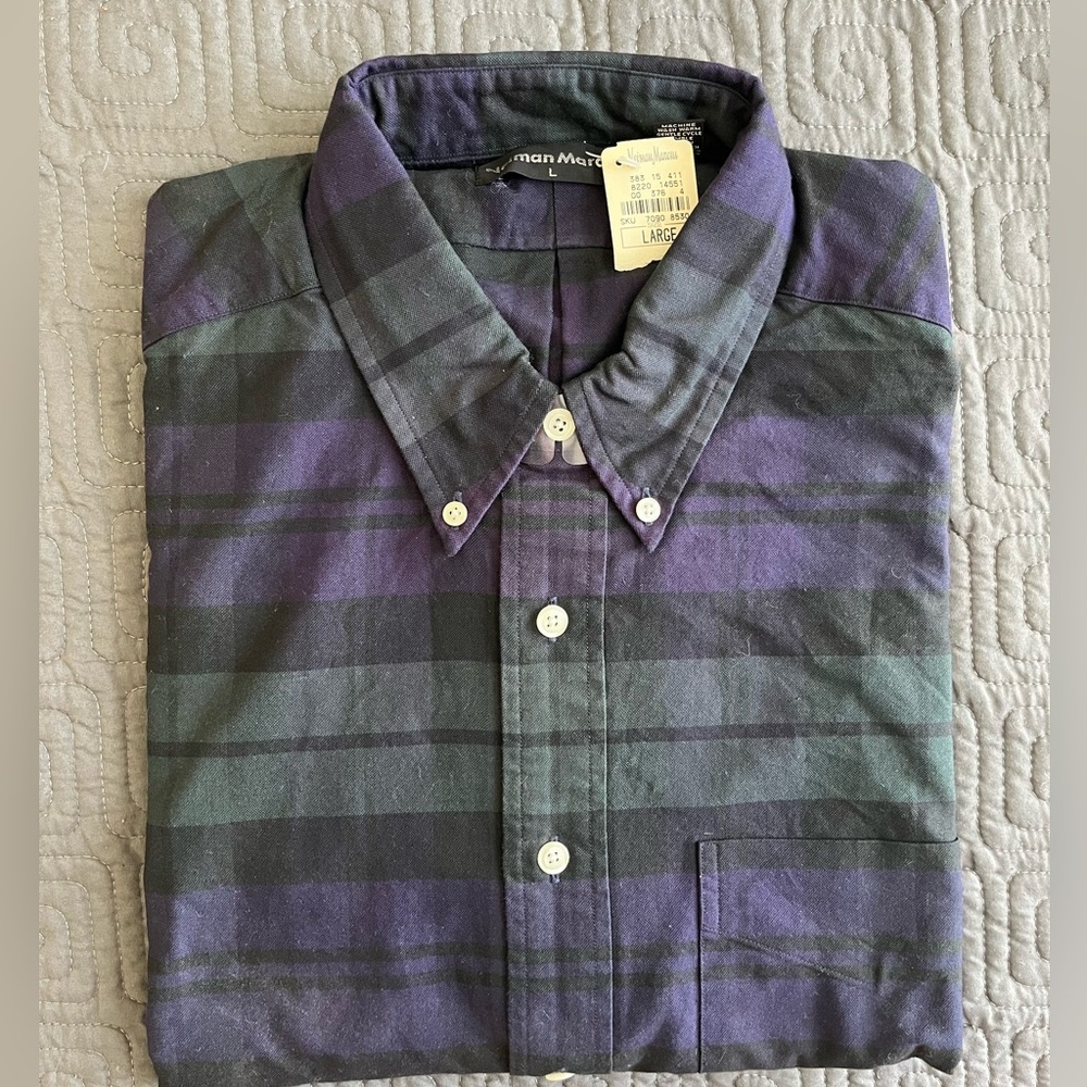 Neiman Marcus VINTAGE Men's Purple and Green Plaid Shirt